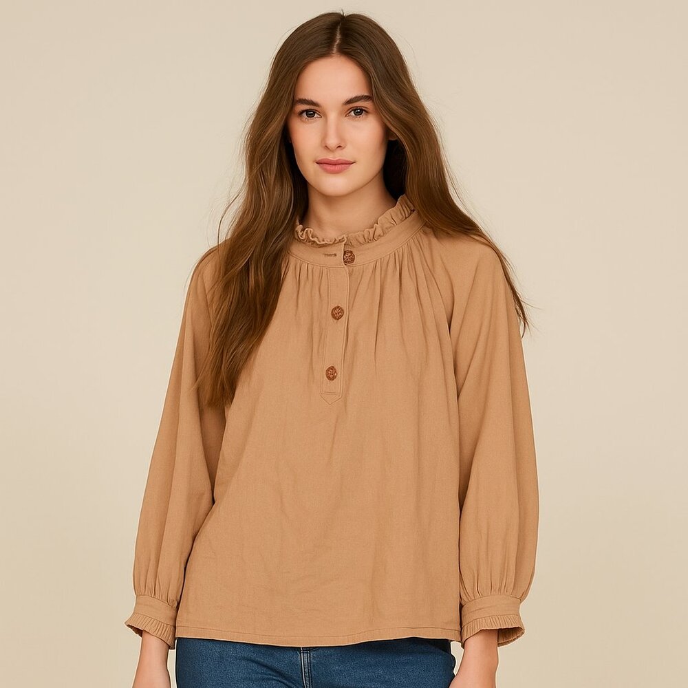 Tan Linen Cotton Poet Long Sleeve Smocked Top Ruffle Collar Vintage Boho Size L